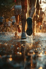 Runners legs in motion, capturing the energy of a marathon on a sun-drenched path covered in fallen leaves.