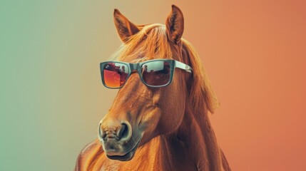 Obraz premium A fancy horse wearing glasses on vivid background. Animal wearing sunglasses