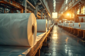 Rows of thermal paper rolls in a warehouse setting with industrial structures and lighting.