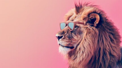 Fototapeta premium A fancy lion wearing glasses on pink background. Animal wearing sunglasses