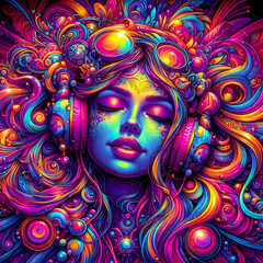 Digital art vibrant colorful psychedelic beautiful woman with headphones vibin to music