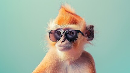 Fototapeta premium A fancy monkey wearing glasses on green background. Animal wearing sunglasses
