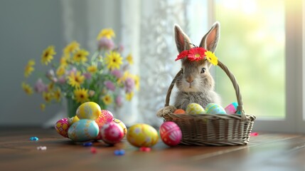 Cute bunny rabbit with Easter eggs