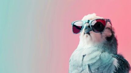 Fototapeta premium A fancy parrot wearing glasses on pink background. Animal wearing sunglasses