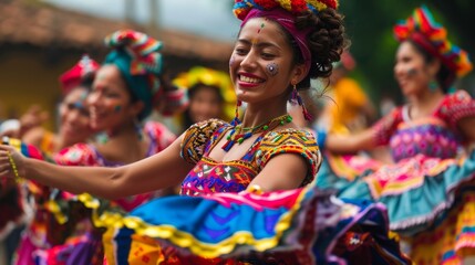 A group of women wearing vibrant dresses are joyfully dancing together in a lively and energetic...