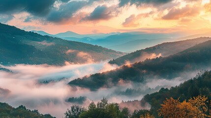 Majestic Fog-Covered Mountains: A Stunning Forest Landscape with a Beautiful Sky and Nature's Beauty