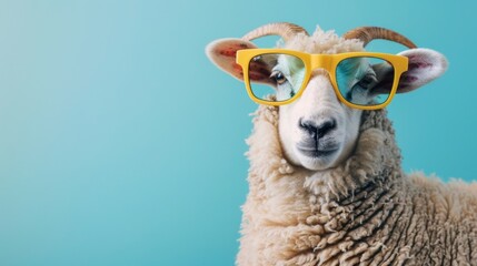 Fototapeta premium A fancy sheep wearing glasses on blue background. Animal wearing sunglasses