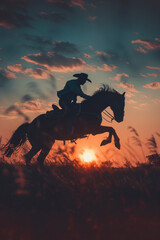 A cowboy and horse silhouette in a daring jump, framed by the soft light of sunrise