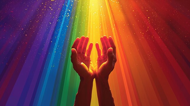 Bright sunburst on rainbow background with healing hands.