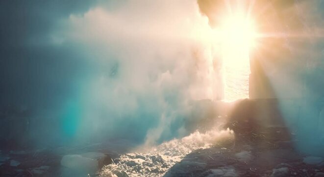 Empty tomb emits light rays as a symbol of Easter resurrection in Christianity. Concept Easter Resurrection, Christianity, Empty Tomb, Light Rays, Symbolism