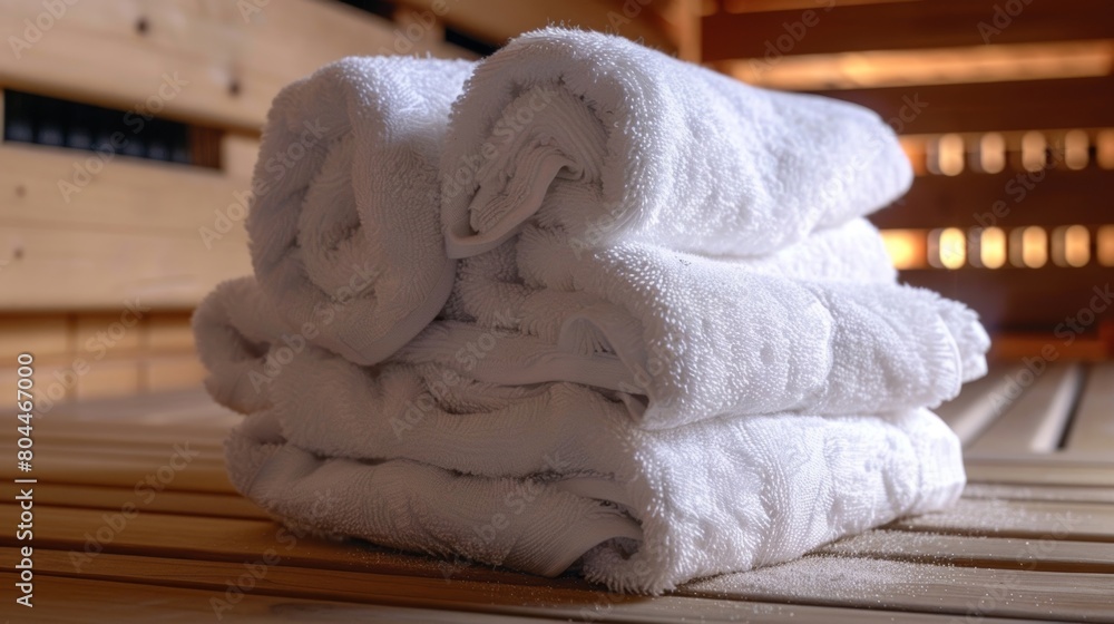 Aufkleber a stack of fluffy white towels next to a sauna ready for participants to wrap themselves in after th