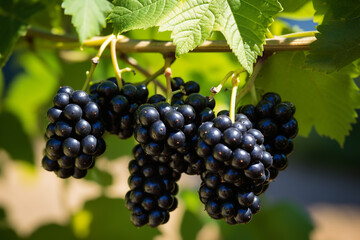 A cluster of ripe blackberries hanging from the vine in a sunlit garden, isolated on solid white background.