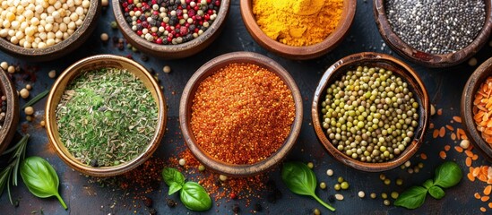 Table Displaying Various Spices in Bowls - obrazy, fototapety, plakaty