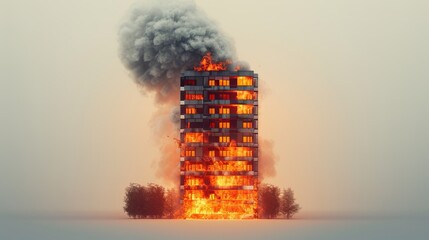 Tower of burning apartment building. Flames on windows and smoke. Modern illustration of burning building.