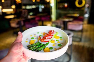 A hand holds a plate of gourmet food with asparagus, sliced tomatoes, and sauce in a stylish...
