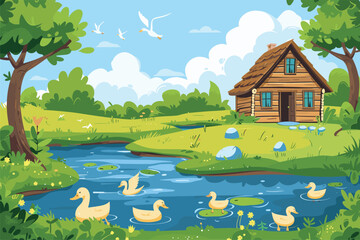 Scene with water in the many ducks in the river, Nature landscape scene vector, Nature park with swamp scene, Vector illustration