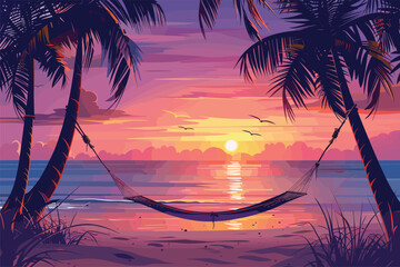 Sunset from a hammock on the beach, Resting silhouette in the palms with a hammock, summer, sun, sea, ocean, Vector illustration