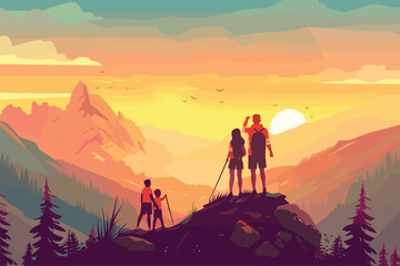 Obraz premium Travel concept of discovering, exploring, and observing nature, , Family hiking in the mountains, Happy family travel in mountains at sunset, Vector illustration