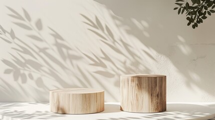 wooden product display on natural sunlight 