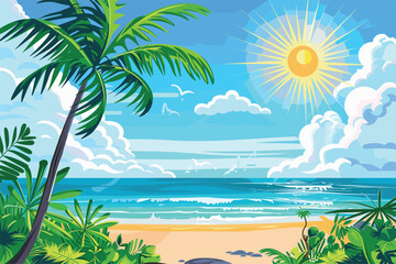 Obraz premium Nature blur green palm leaves on tropical beach, Palm trees and tropical summer beach, Tropical theme with ocean view and palm trees, summer, sun, sea, ocean, Vector illustration