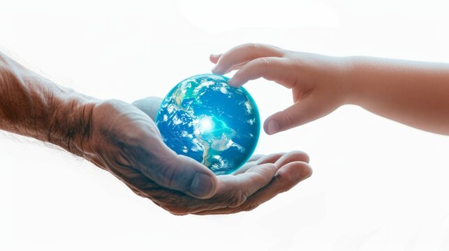 An adult hand pass a glowing earch to a child hand
