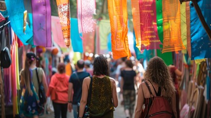 A diverse group of individuals walking together down a city street lined with vibrant, colorful flags.
