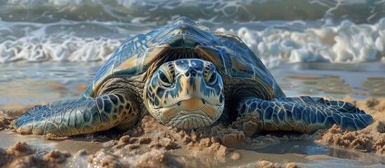 Green Turtle Laying on Beach