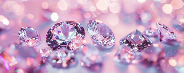 Scattered purple gemstones on a soft pink background with bokeh lights. Luxury and concept  for birthday, wedding, congratulation poster, invitation. Banner with copy space.