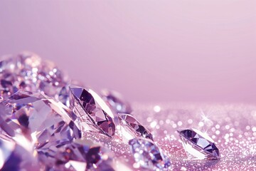 Scattered purple gemstones on a soft pink background with bokeh lights. Luxury and concept  for birthday, wedding, congratulation poster, invitation. Banner with copy space.