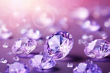 Scattered purple gemstones on a soft pink background with bokeh lights. Luxury and concept  for birthday, wedding, congratulation poster, invitation. Banner with copy space.