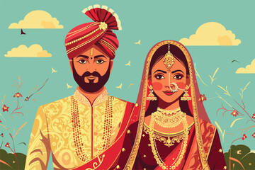 Bengali wedding cute couple, Cute couple in traditional Indian dress cartoon character, Couple in love having a good time together, Vector illustration
