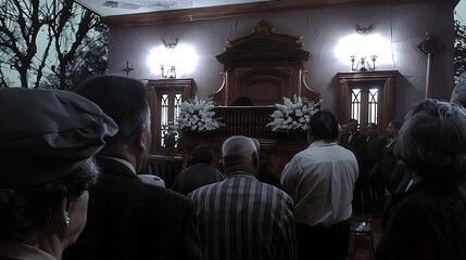 Grieving attendees gathered in solemn unity, their eyes drawn upwards in contemplation at the wake
