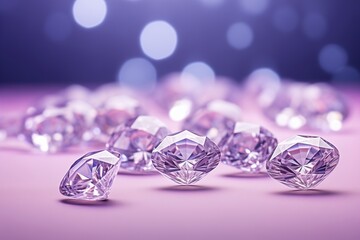 Scattered purple gemstones on a soft pink background with bokeh lights. Luxury and concept  for birthday, wedding, congratulation poster, invitation. Banner with copy space.