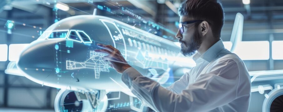 Aerospace engineer showcasing model new aircraft design being shared across secure data transfer network