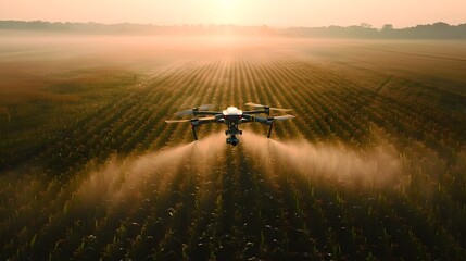 Dawn Mission Agricultural Drone Precision Spraying Over Lush Corn Fields Generative ai
