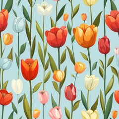 Obraz premium Seamless Tulip Field Design on Pastel Blue Background