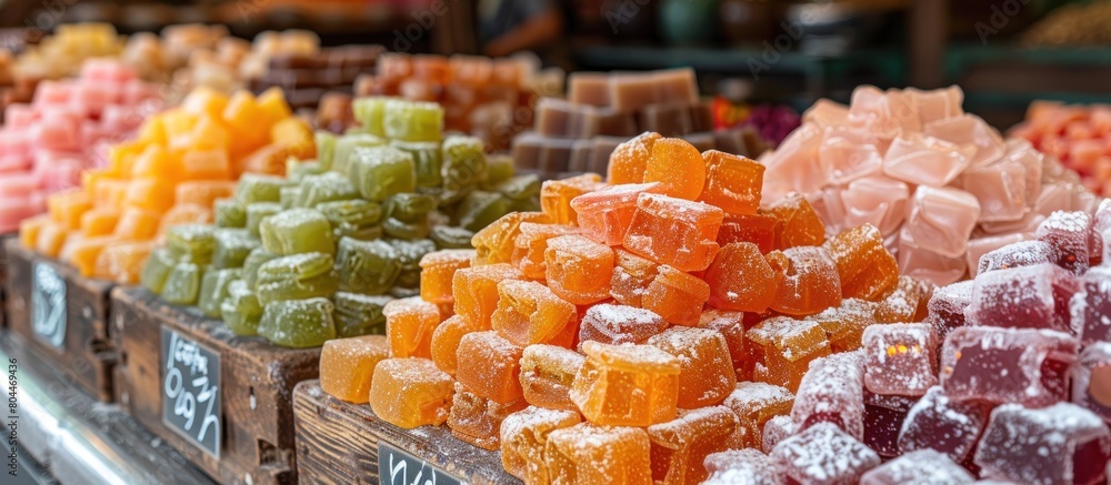 Poster a display case filled with various colored candies, including turkish delight and oriental sweets, a