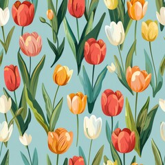 Obraz premium Seamless Tulip Field Design on Pastel Blue Background