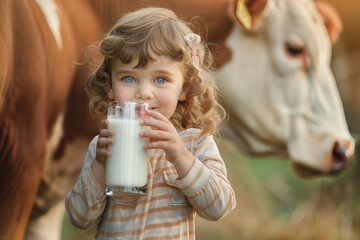 A girl drinks milk against the background of a cow, natural, rural dairy products