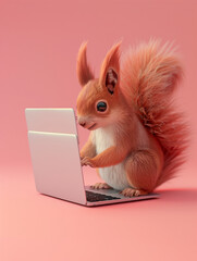 A Cute 3D Squirrel Using a Laptop Computer in a Solid Color Background Room