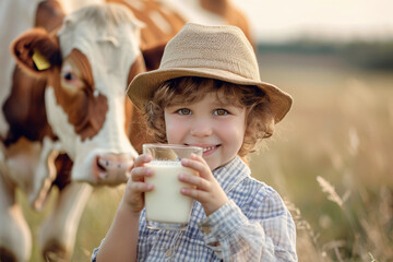 Child with a glass of cow's milk in a field, summer