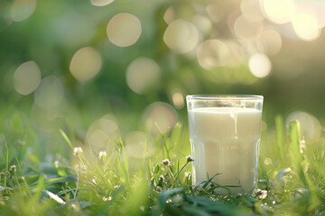 Glass of milk in nature, natural product
