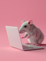 A Cute 3D Rat Using a Laptop Computer in a Solid Color Background Room