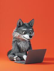 A Cute 3D Wolf Using a Laptop Computer in a Solid Color Background Room
