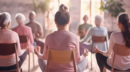 A group of people are sitting in chairs and practicing yoga