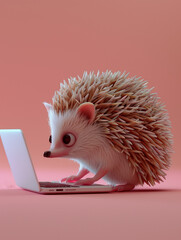 A Cute 3D Hedgehog Using a Laptop Computer in a Solid Color Background Room