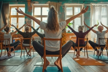 A group of people are doing yoga in a room with chairs and a potted plant