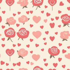 Simple Seamless Mother's Day Themed Pattern with Hearts and Roses

