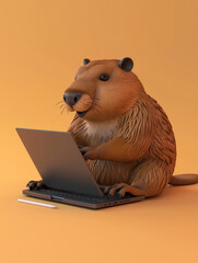 A Cute 3D Beaver Using a Laptop Computer in a Solid Color Background Room