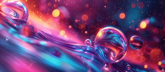 Multicolored 3D substance shines in space. Bright hues of bubbles drift in the air, creating a vibrant and dynamic background. - obrazy, fototapety, plakaty